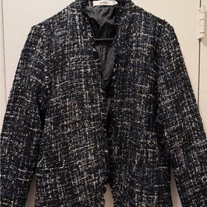 JustFab Black and Blue Tweed Collarless Jacket